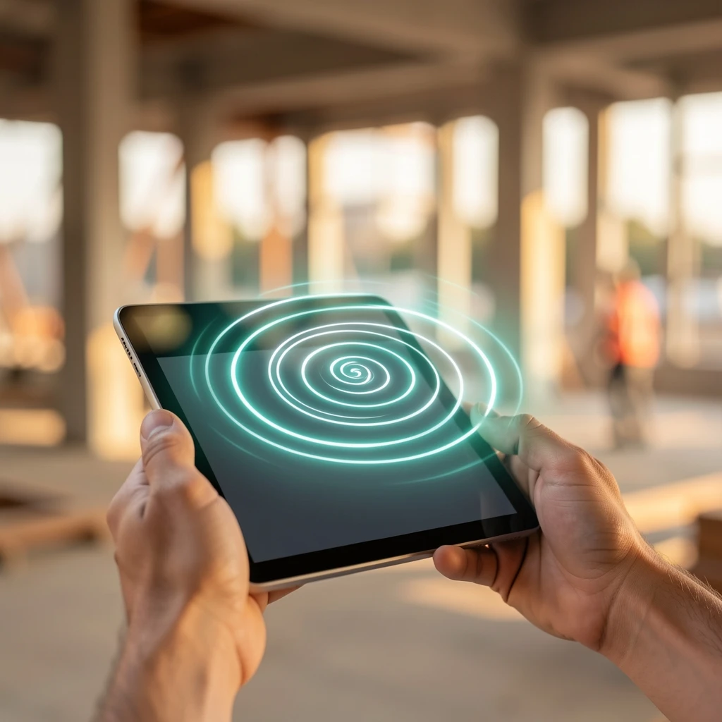 A construction superintendent using a conversational AI interface on a job site tablet