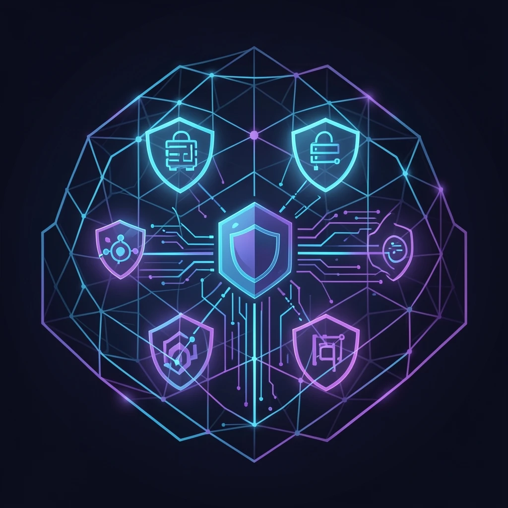 Abstract illustration of AI threat vectors and security monitoring layers