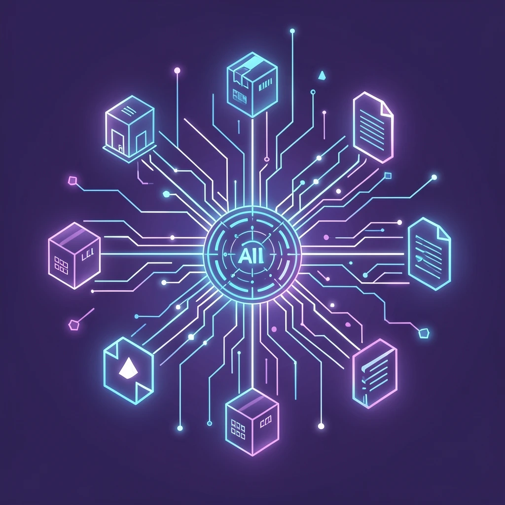 Abstract illustration of data streams flowing from warehouses and documents into an AI reasoning layer