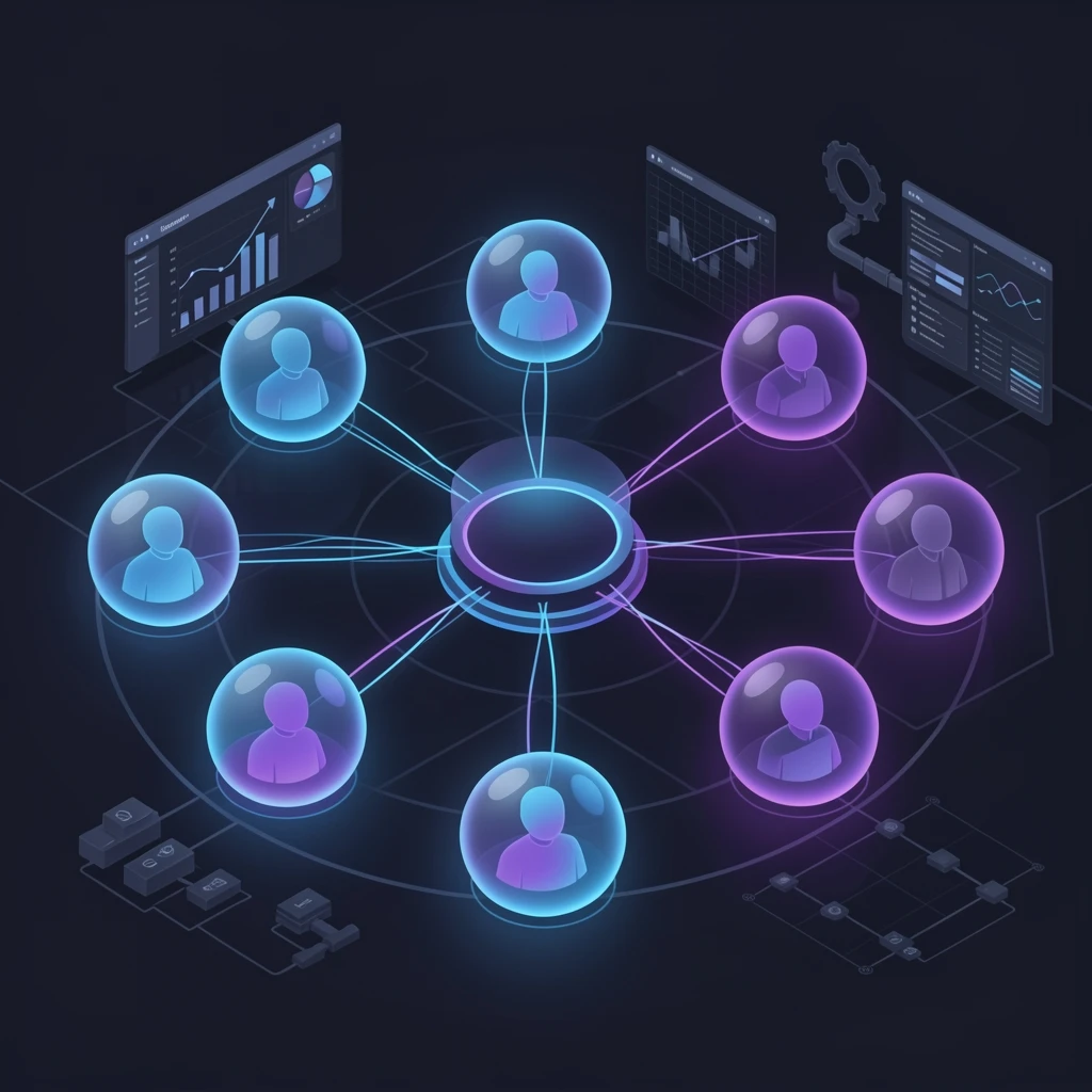 A modern abstract illustration of AI agents coordinating across connected enterprise systems and operational data streams