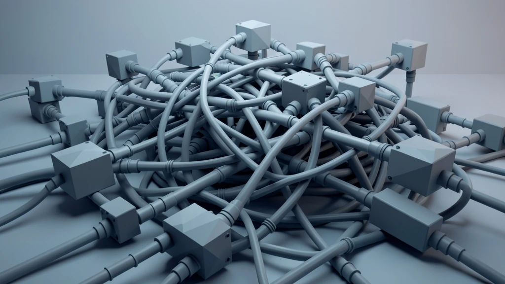 A fragmented web of legacy API connections between enterprise systems, visualized as tangled pipes and rigid connectors