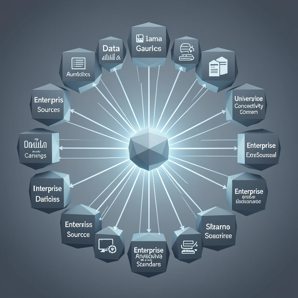A universal connector or hub linking multiple enterprise data sources and AI systems in a clean, organized network