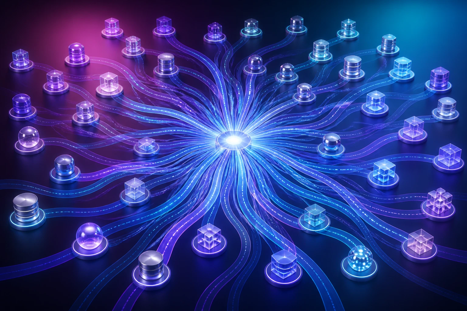 A wide visualization of fragmented supplier data streams converging toward a central platform