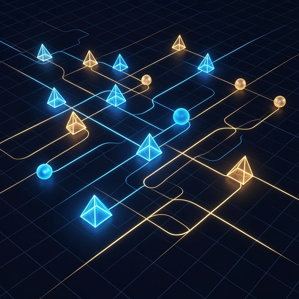 An abstract representation of autonomous AI agents executing multi-step workflows across an enterprise data network