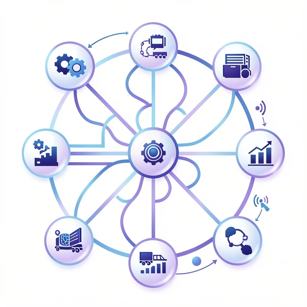 Autonomous AI agents operating across enterprise business functions abstract illustration