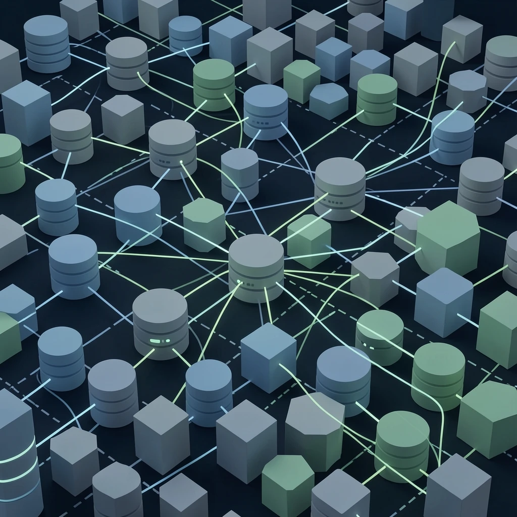A fragmented enterprise data landscape visualized as interconnected nodes and systems