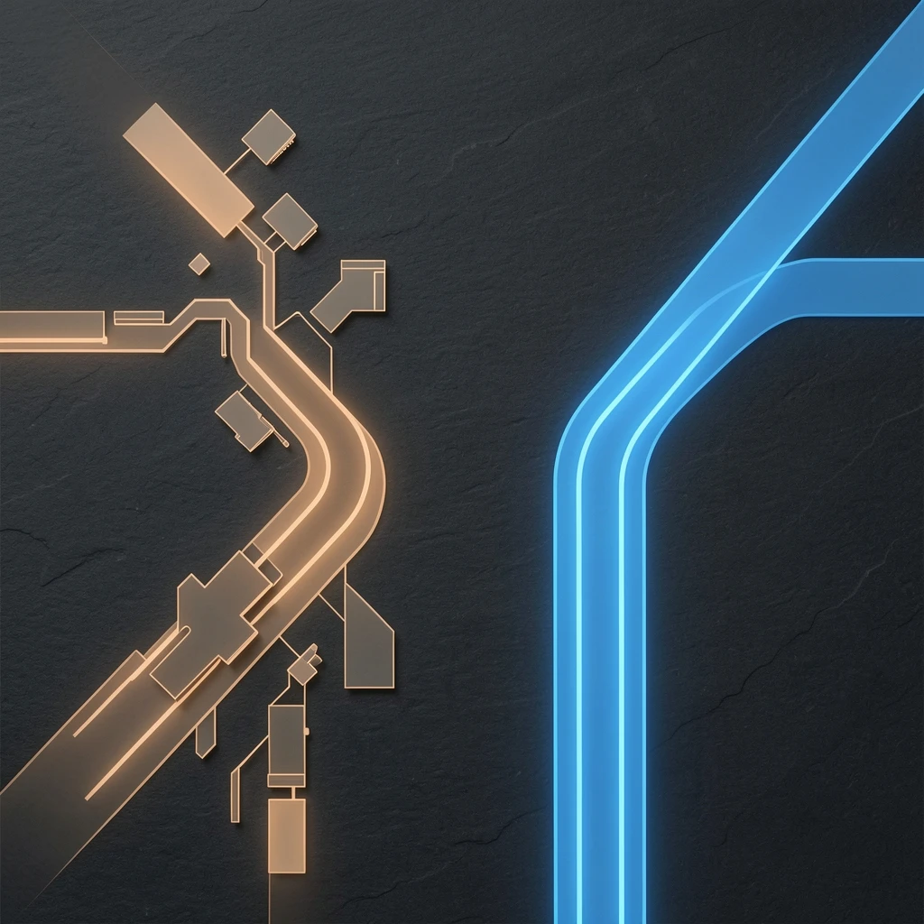 Two diverging architectural paths representing bespoke vs. integrated AI platform philosophies