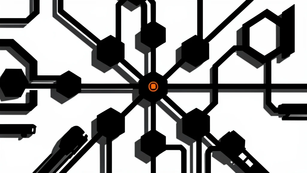 A brutalist monochrome overhead view of interconnected industrial and data systems represented as bold geometric shapes with one vivid color accent node