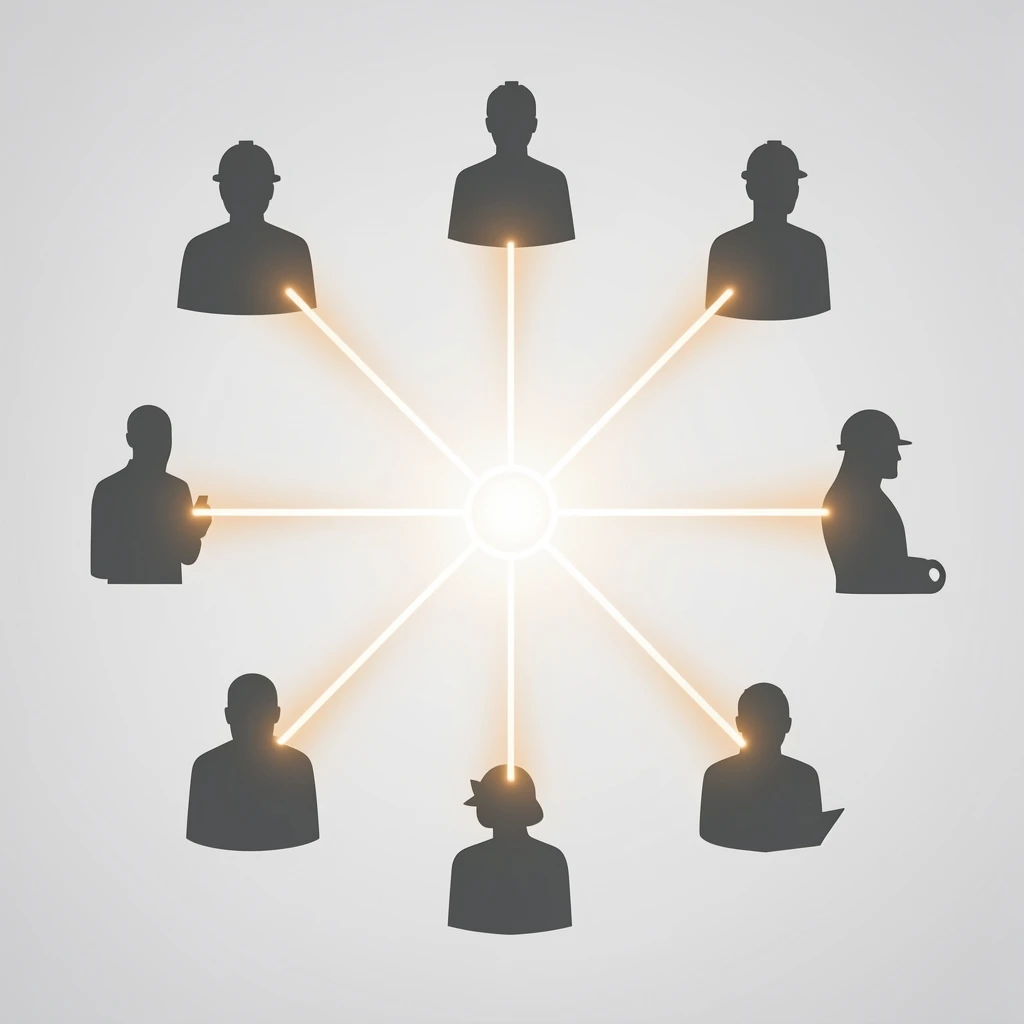 An abstract illustration of diverse enterprise roles connecting through a unified AI interface