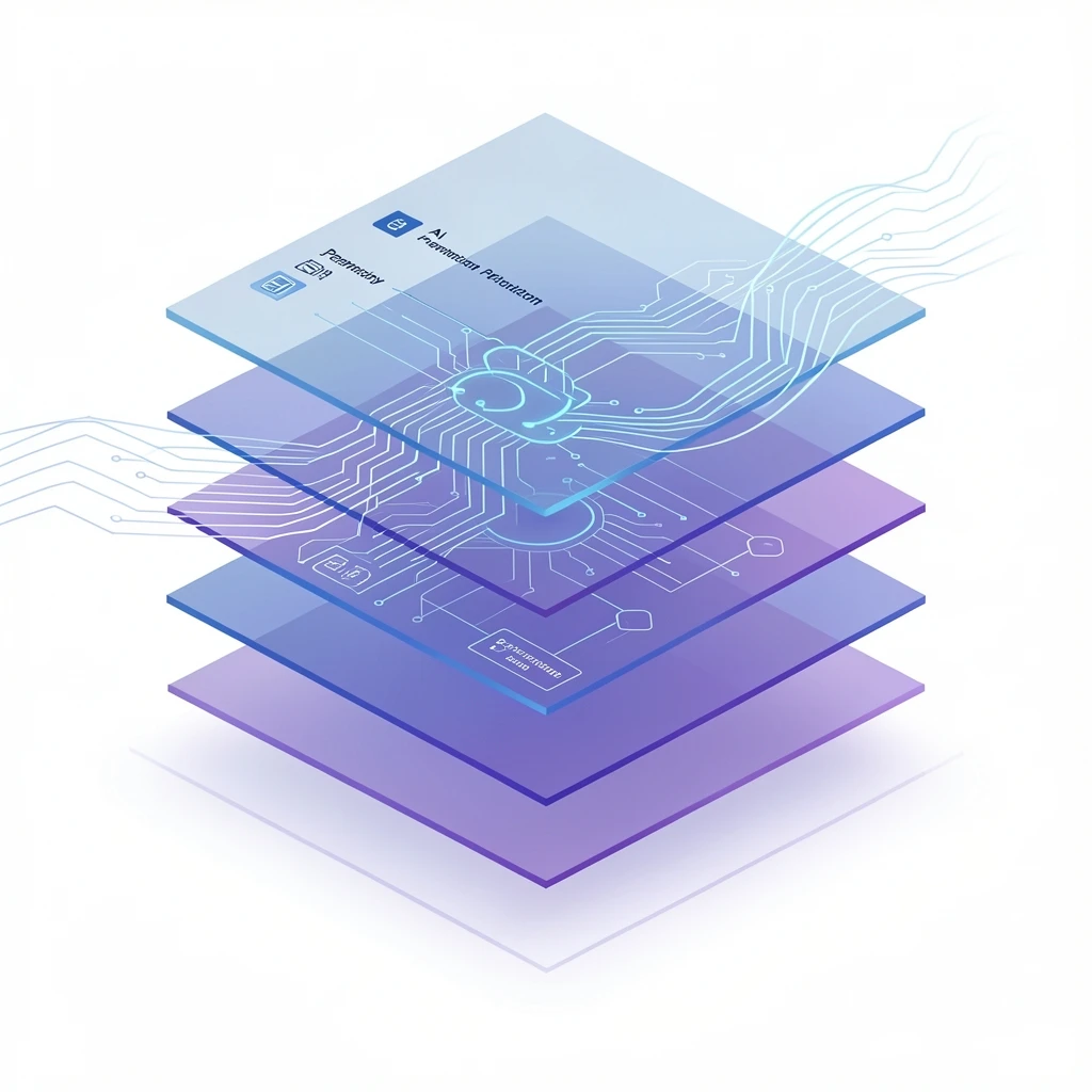 Abstract visualization of AI governance and workflow orchestration layers in an enterprise platform