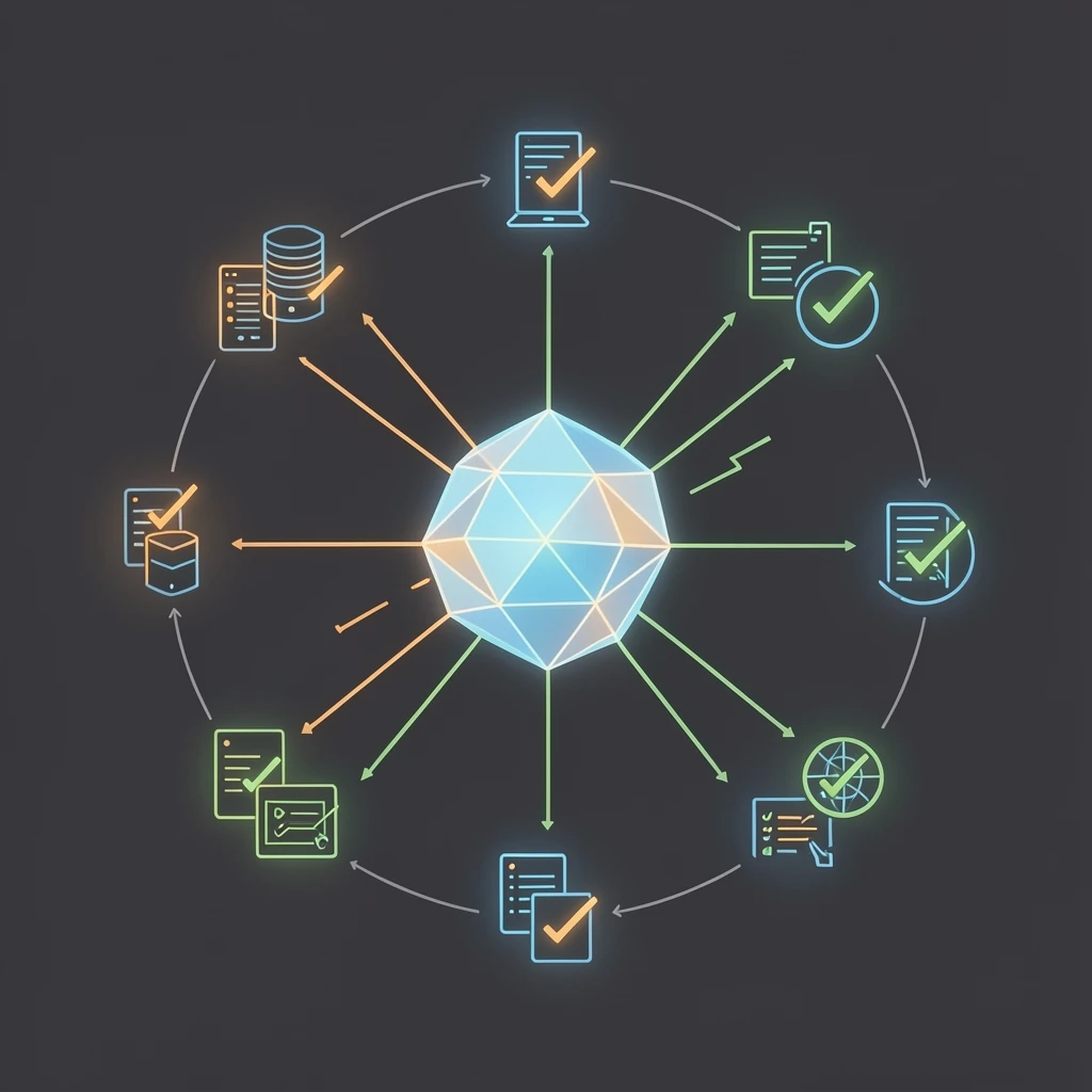An abstract representation of an AI agent autonomously executing workforce development tasks across interconnected systems